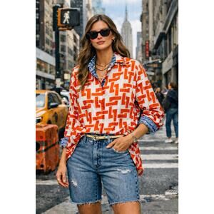 Tizzie Geometric Print Button Up Blouse Flip Cuff Dopamine Dressing Artsy Sz S